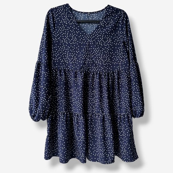 Flowy Navy Blue Baby Doll Polka Dot Dress in Small Balloon Long Sleeves - Picture 1 of 12